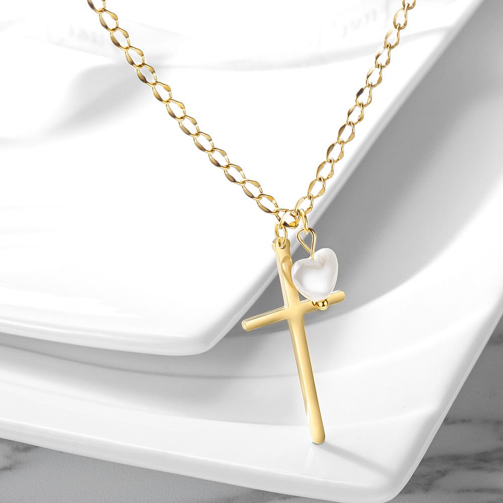 Cross with Love-shaped Pearl - Pendant Necklace