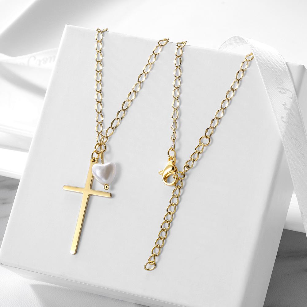 Cross with Love-shaped Pearl - Pendant Necklace