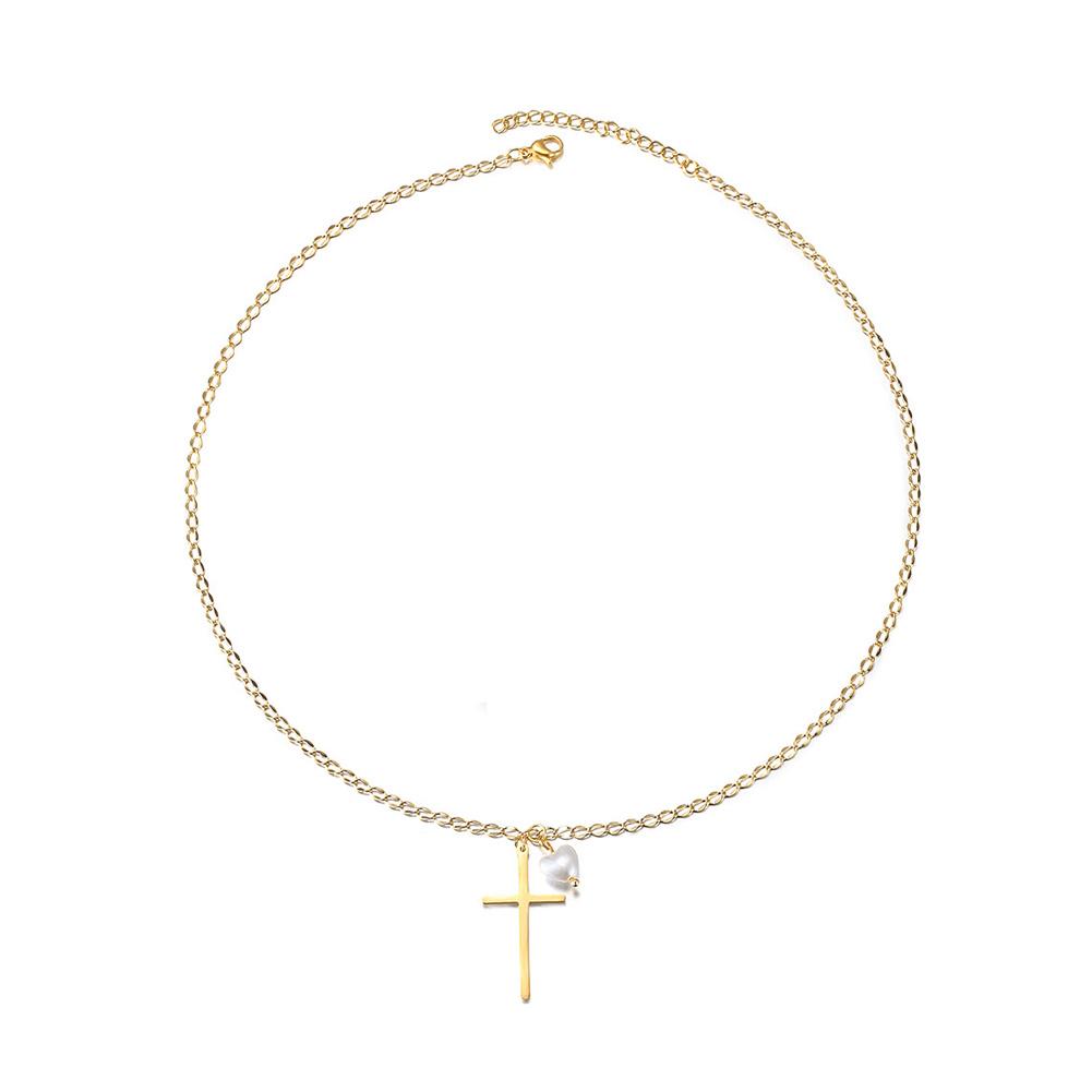 Cross with Love-shaped Pearl - Pendant Necklace