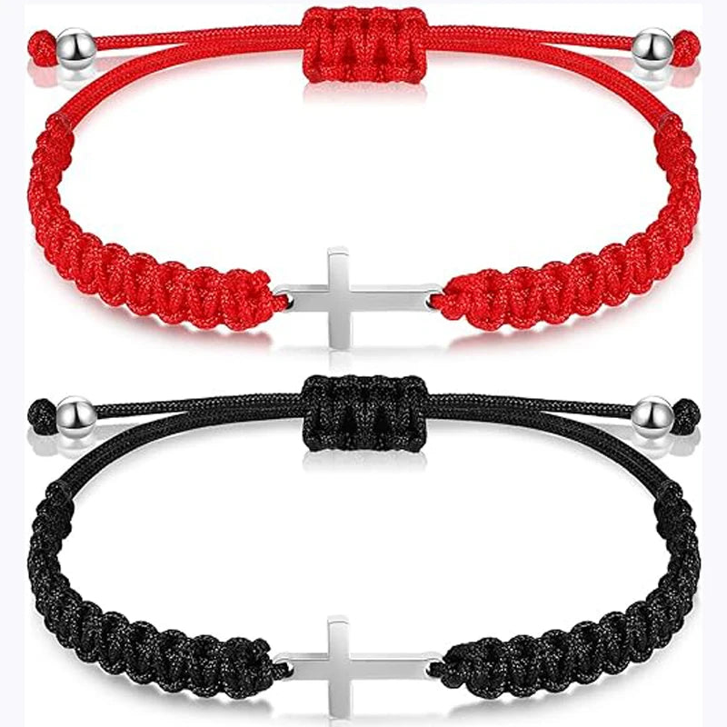 2 Pieces Friendship Cross Bracelet - Black String Rope Braided Bracelet Cross Matching Bracelets