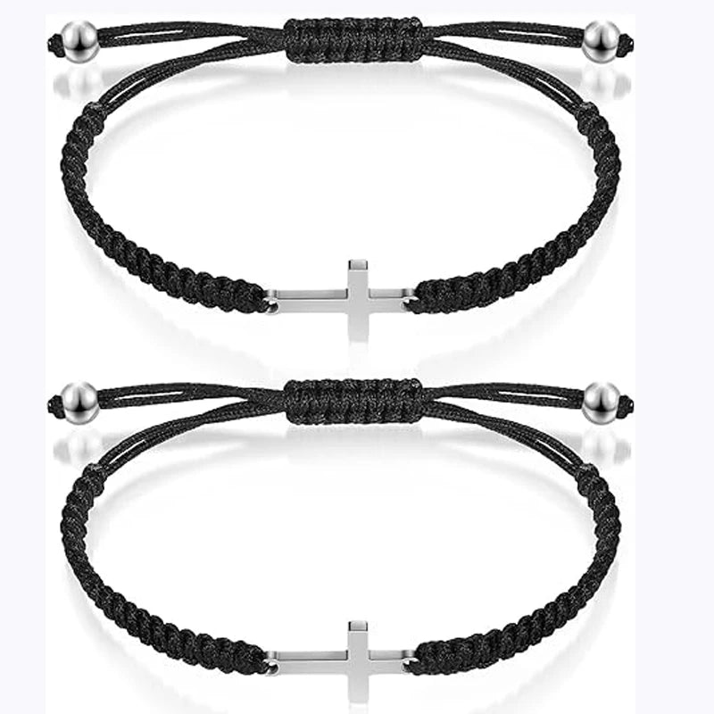 2 Pieces Friendship Cross Bracelet - Black String Rope Braided Bracelet Cross Matching Bracelets