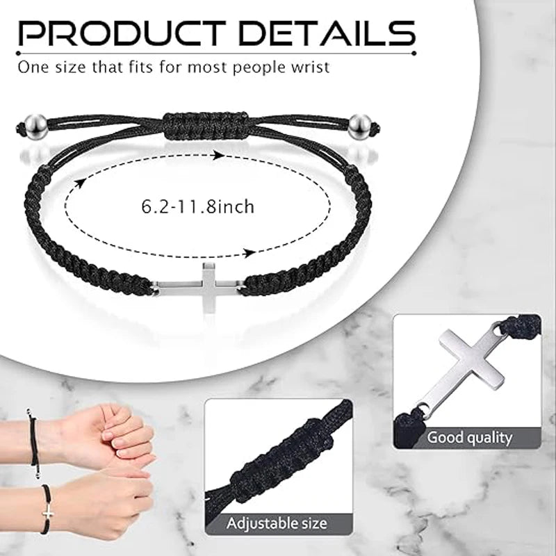 2 Pieces Friendship Cross Bracelet - Black String Rope Braided Bracelet Cross Matching Bracelets